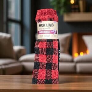Muk Luks Buffalo Check Slipper Socks Faux Fur Lined Warm Cabin 2 Pk S/M Gift
